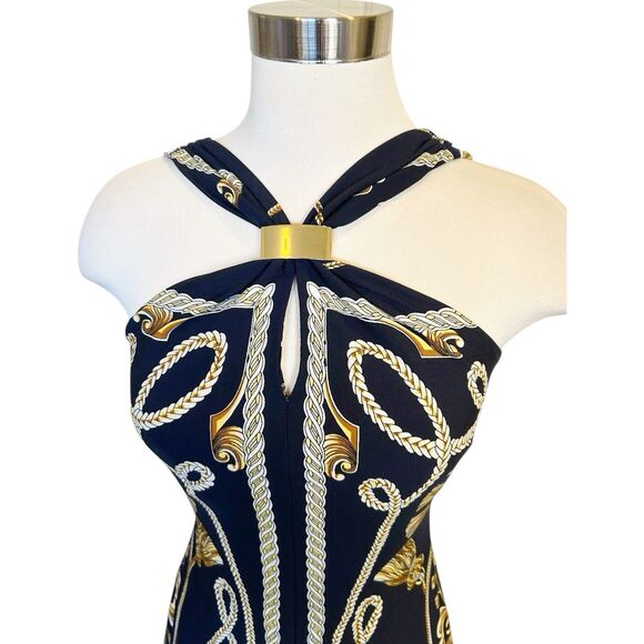 Cache VTG Rope Tassel Print Halter Dress XS Gold Metal Cinch Old Money Blue - Picture 2 of 5